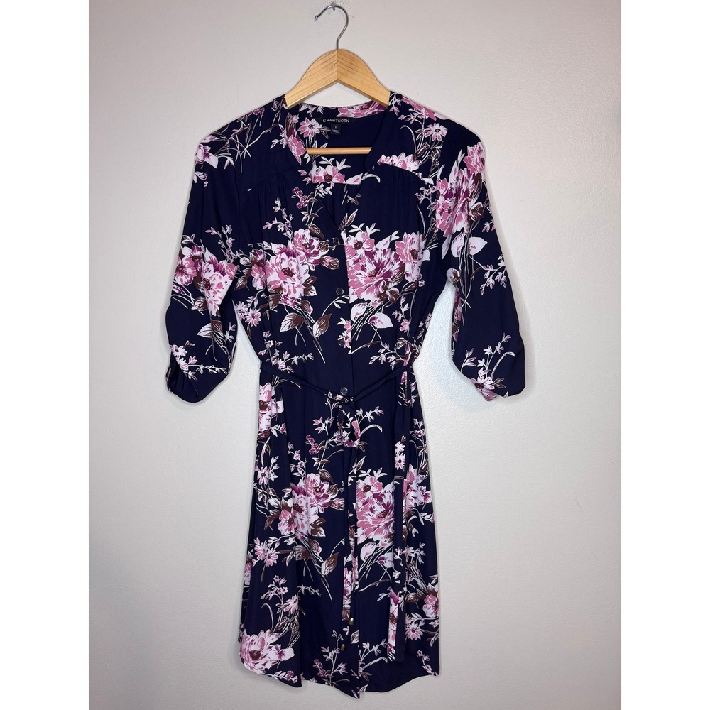 41 Hawthorn Floral Shirt Dress Women's Small Navy Pink‎ Tie Waist